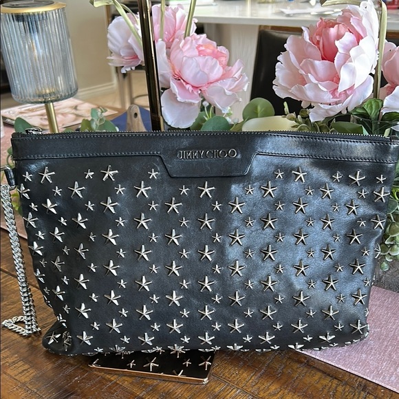 Jimmy Choo Black Star-Studded Large Leather Clutch Women\'s Bag